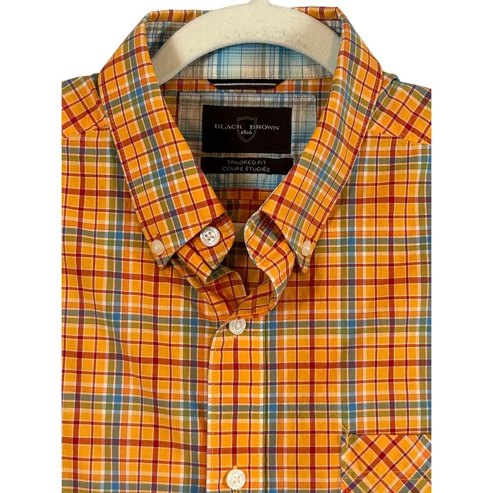 Black Brown Mens Orange Plaid Short Sleeve Tailored Fit Button Down Shirt Madras